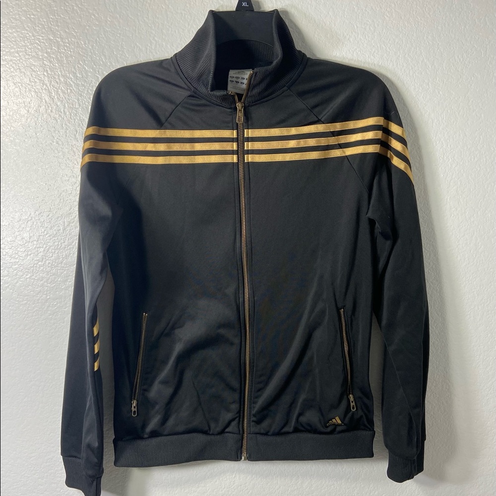 Adidas Womens Track Top Jacket Black Gold Stripes M